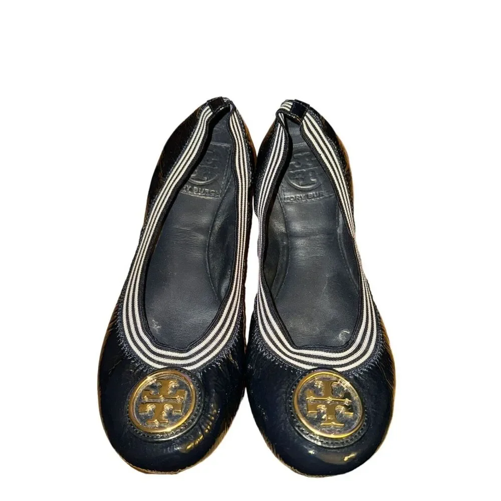Tory Burch Caroline 2 Naplack Elastic Ballet Flats Women's 6 M Navy Blue Leather
